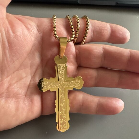Stainless Steel Cross Pendant 24 Inch Chain Necklace Jesus Christ Faith Gold - Picture 5 of 6